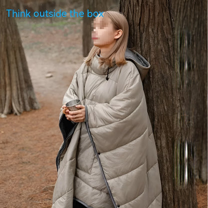 Adult outdoor cloak sleeping bag in Army Green or Grey, showing wearable design and 200x140cm dimensions
