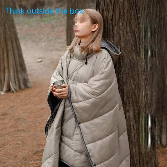 Adult outdoor cloak sleeping bag in Army Green or Grey, showing wearable design and 200x140cm dimensions