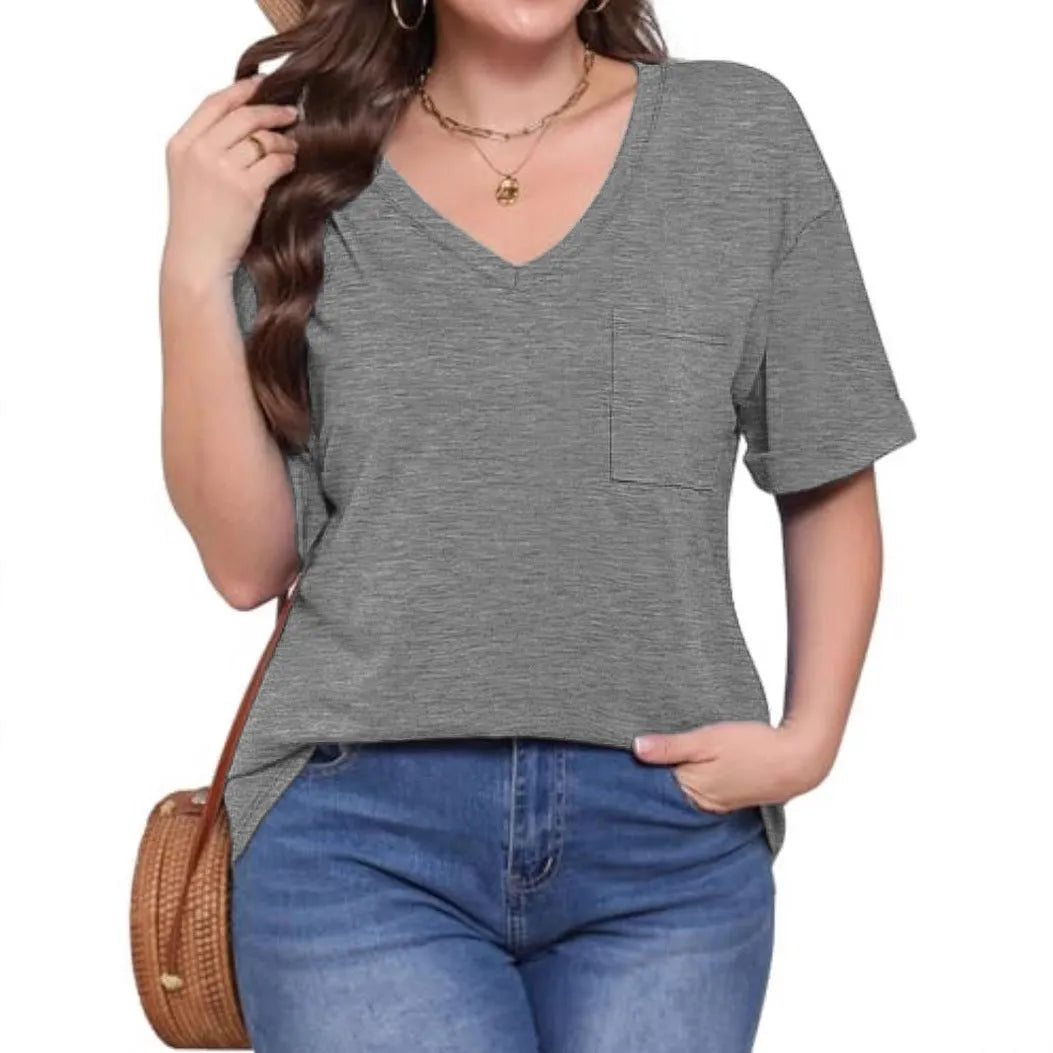 Grey loose V-neck short sleeve t-shirt with chest pocket, showing 40cm length and regular sleeves for casual wear