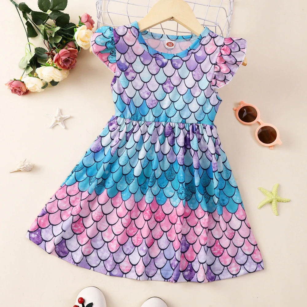 Girl's flounced sleeve dress with A-line skirt in polyester, available in multiple colours for ages 1-6 years