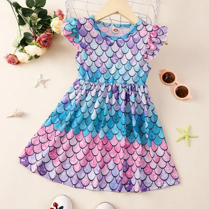 Girl's flounced sleeve dress with A-line skirt in polyester, available in multiple colours for ages 1-6 years