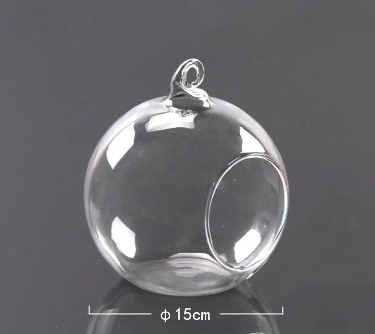 Transparent hand-blown glass vase container with flat bottom and hanging capability in four sizes