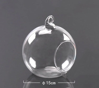Transparent hand-blown glass vase container with flat bottom and hanging capability in four sizes