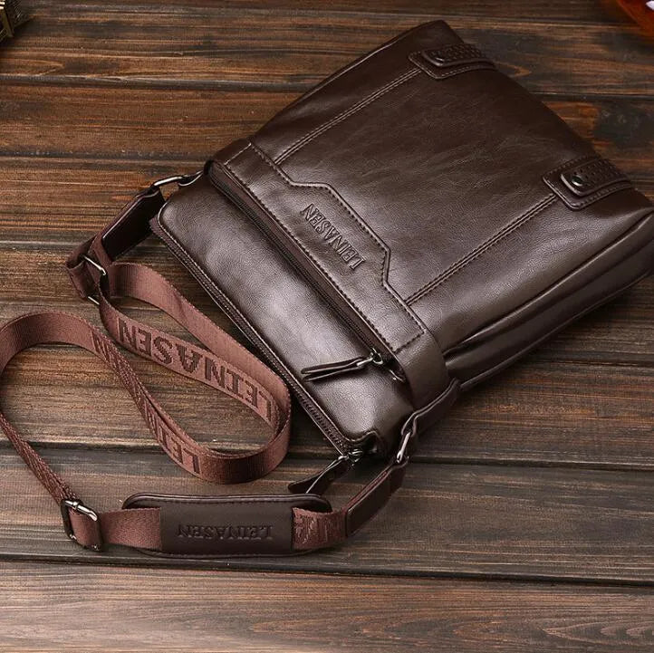 Men's soft messenger shoulder bag with zip closure and polyester lining in black, brown, or khaki