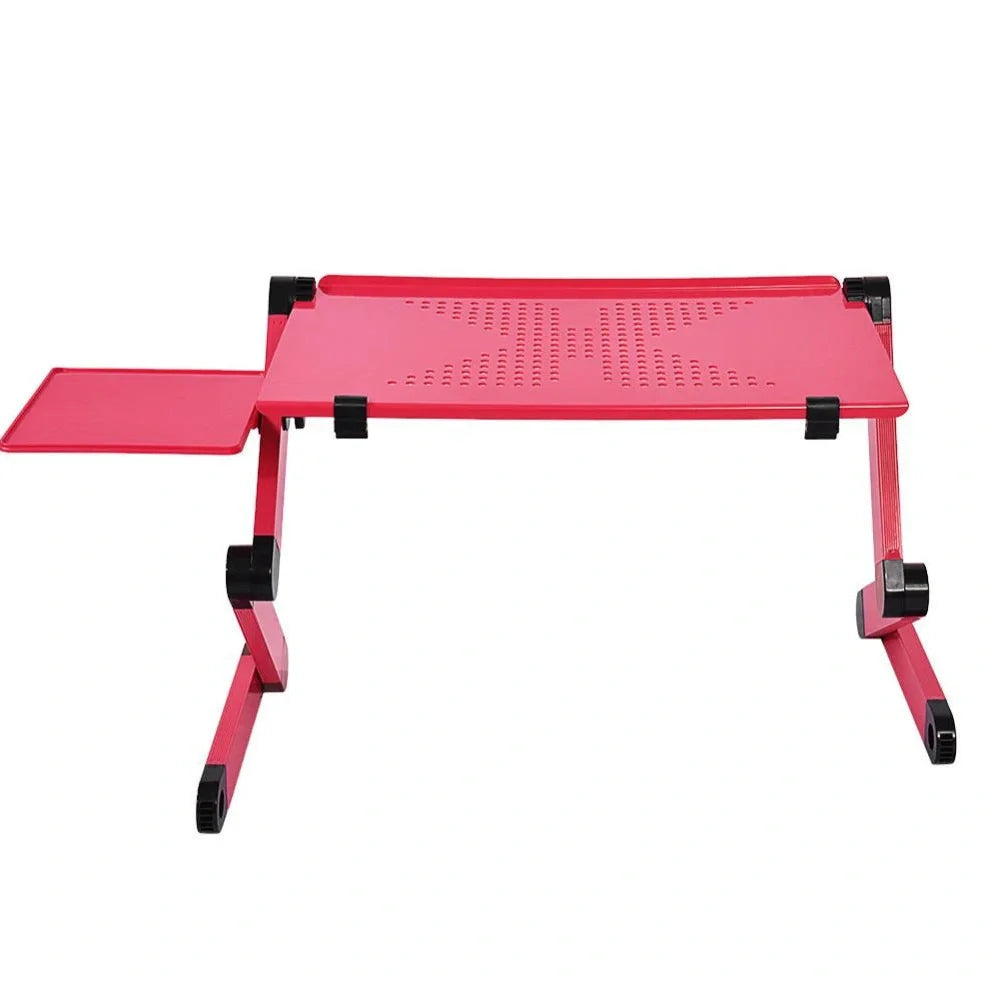 Black aluminium folding computer desk with adjustable legs and non-slip baffles for laptop stability