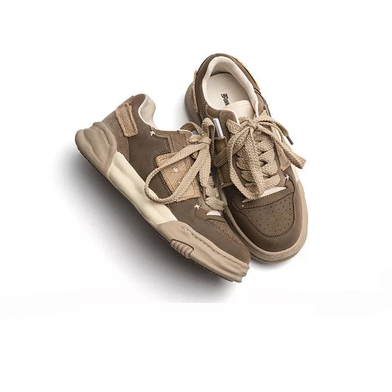 Men's casual patch leather vintage shoes in black and khaki colors