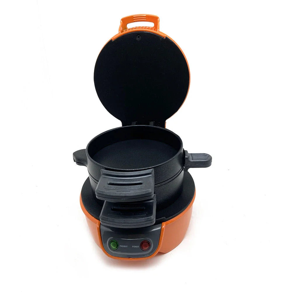 Versatile Breakfast Maker with sandwich, waffle, and egg cooking functions in bright red, orange, and silver gray colors
