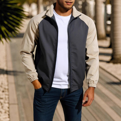 Men's red stand collar casual jacket with raglan sleeves on a hanger.