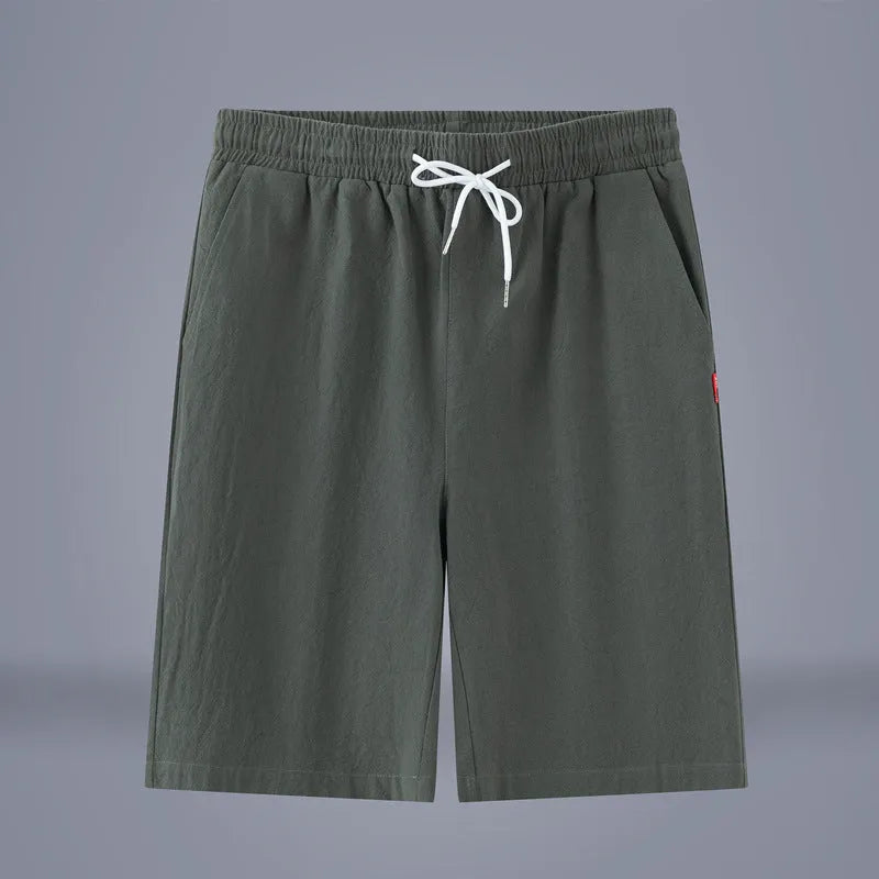 Chinese-style solid colour cropped pants with drawstring waist in cotton linen blend fabric