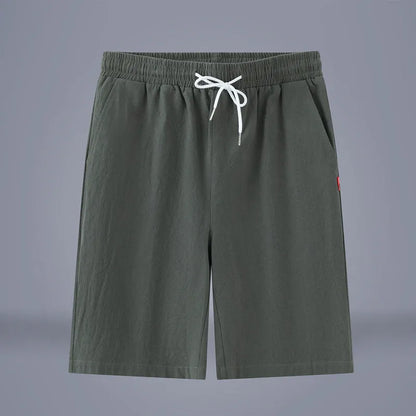 Chinese-style solid colour cropped pants with drawstring waist in cotton linen blend fabric