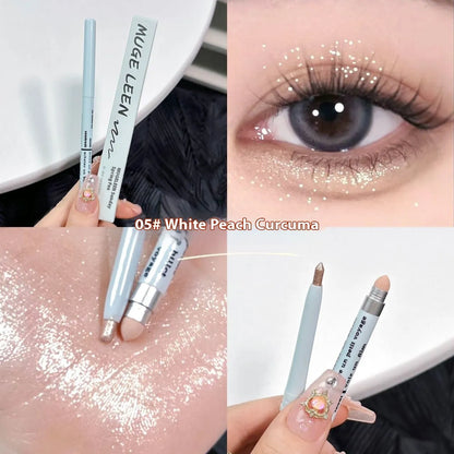 Dual-ended waterproof eyeliner and eyeshadow pencil in a silver casing, showing six colour options.