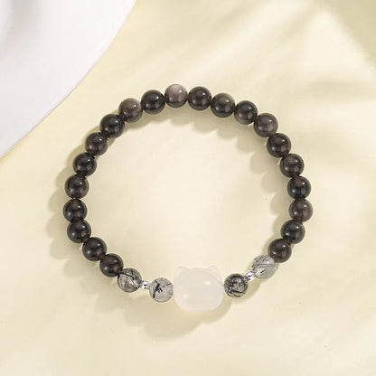 SL311 series obsidian cat charm bracelet in silver stone or white agate colour options