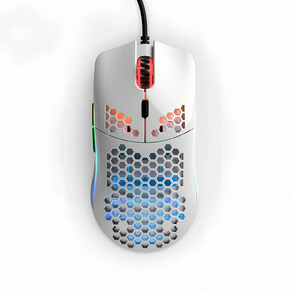 Black matte gaming mouse with hole design showing RGB lighting and ergonomic shape for right-handed use