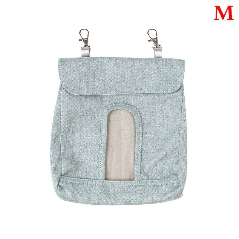Versatile cloth feeding bags for small pets like rabbits, guinea pigs, hamsters, and chinchillas, available in grey and blue colors in small, medium, and large sizes