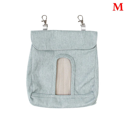 Versatile cloth feeding bags for small pets like rabbits, guinea pigs, hamsters, and chinchillas, available in grey and blue colors in small, medium, and large sizes