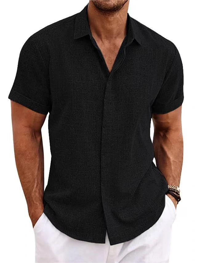 A versatile linen shirt in various colors, featuring a standing collar and short sleeves for a modern, tailored look.