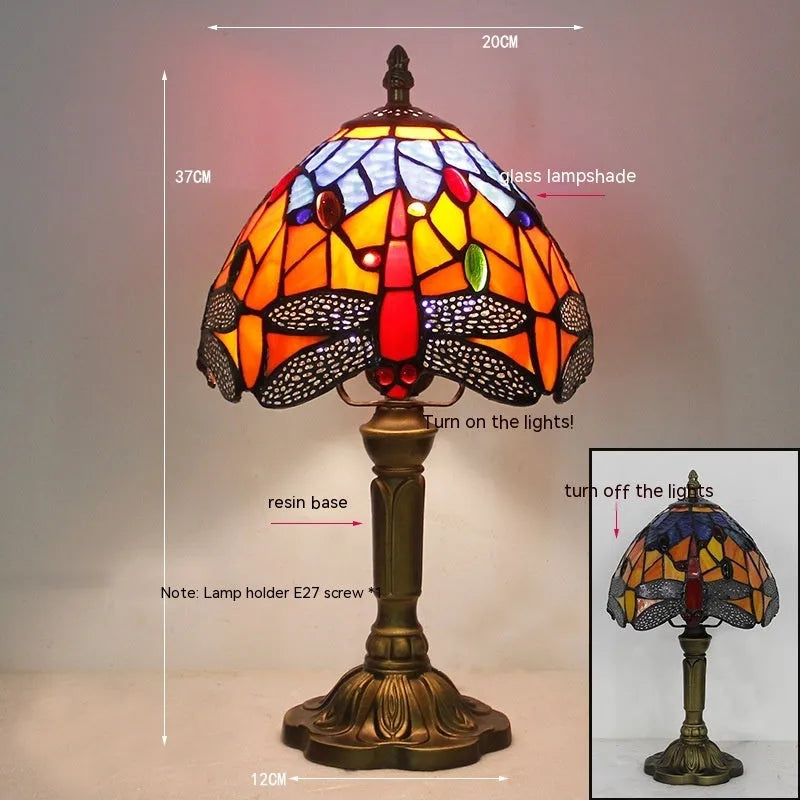 European style stone table lamp with dragonfly motif in blue finish, 30cm height