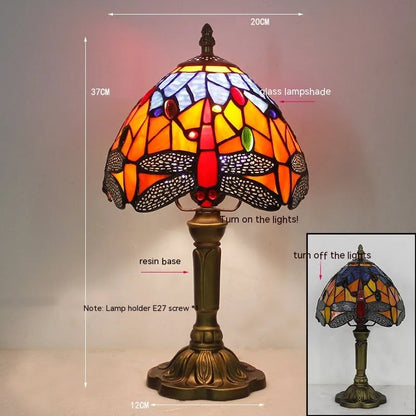European style stone table lamp with dragonfly motif in blue finish, 30cm height