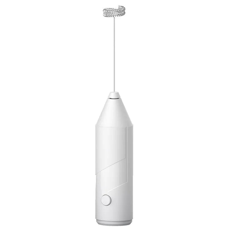 Mini handheld milk frother in black, white or khaki colour with stainless steel whisk and USB charging