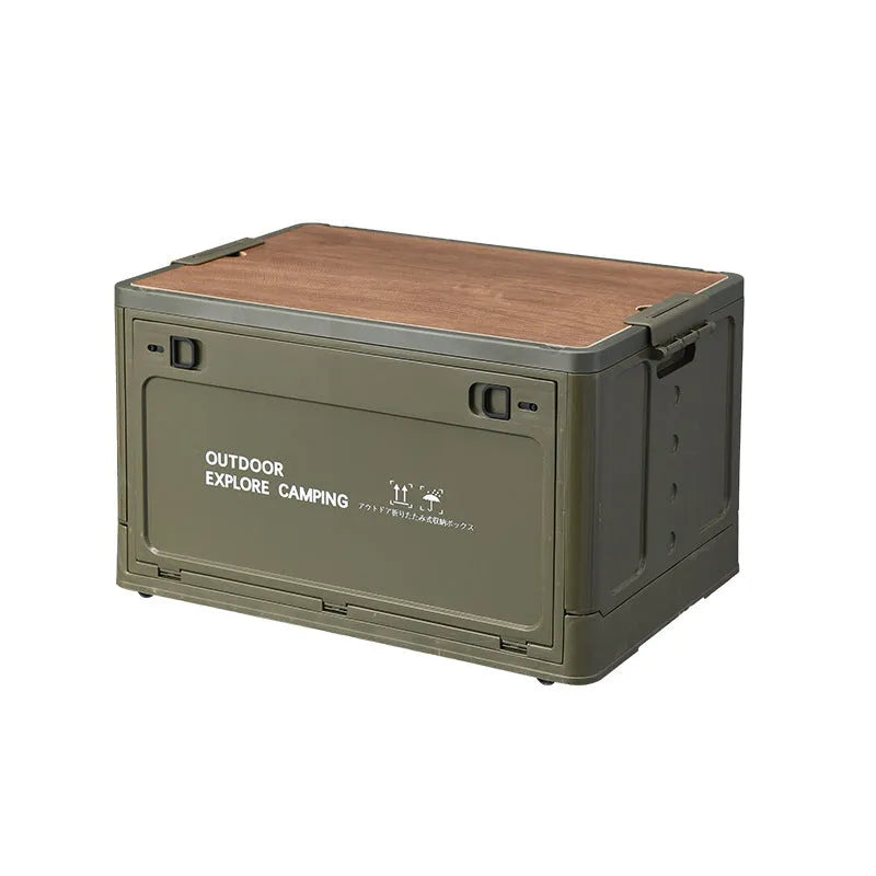 Large green and white foldable plastic storage box with wooden lid option.