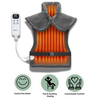 Grey electric heated shawl for shoulder and neck, soft skin-friendly material, adjustable fit, EU power supply
