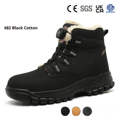 Black lightweight labour protection shoes with leather upper and rubber sole, showing anti-smash and anti-puncture design.