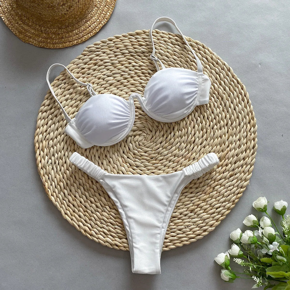 Women's underwire bikini swimsuit with split briefs design in khaki colour showing spandex lining construction