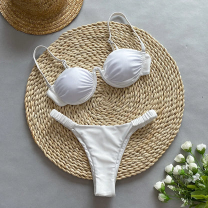 Women's underwire bikini swimsuit with split briefs design in khaki colour showing spandex lining construction
