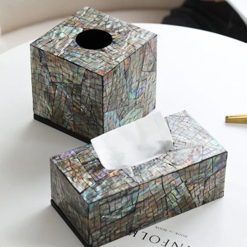 Natural shell tissue box with removable organisation compartment in modern simplicity design