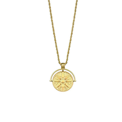 Circular stainless steel pendant necklace with sunflower embossing and star designs on adjustable hemp flower chain