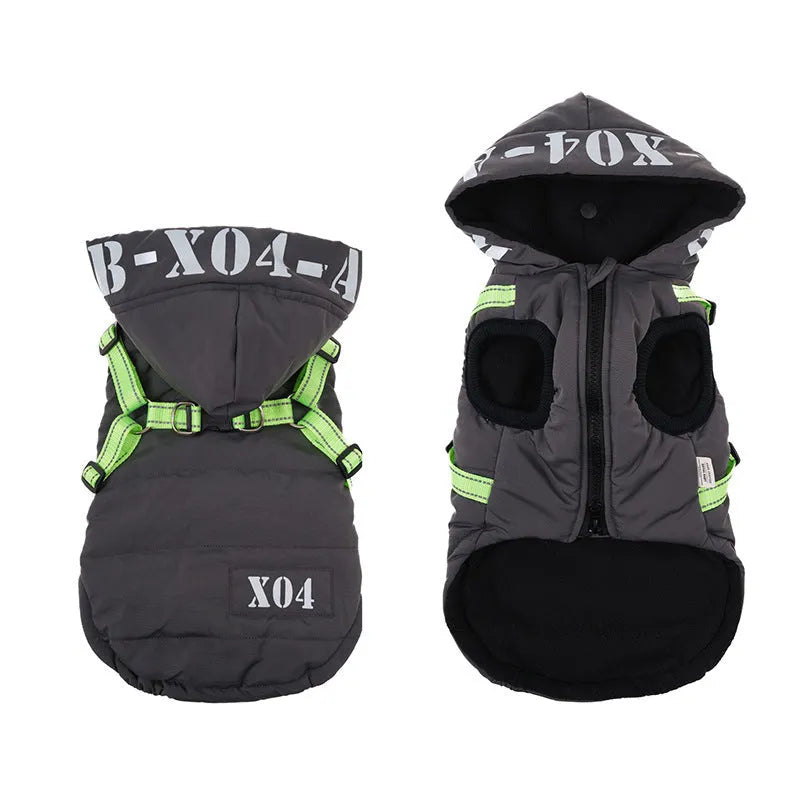 Red fleece-lined waterproof dog winter jacket with hood shown on medium-sized dog