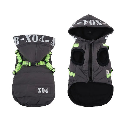 Red fleece-lined waterproof dog winter jacket with hood shown on medium-sized dog