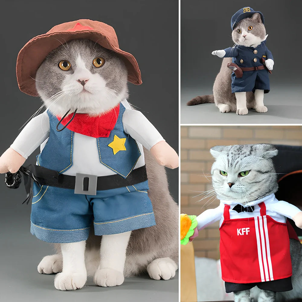 Polyester cat costume in character design with size label showing bust and neck measurements