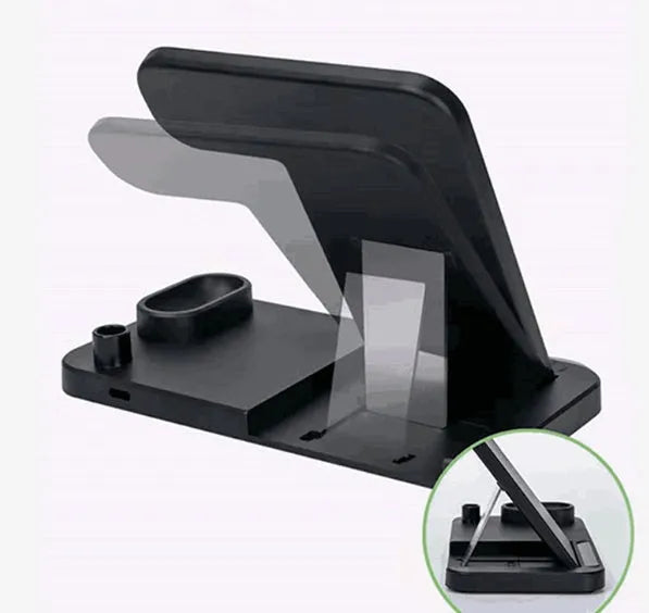 4-in-1 wireless charging station with adjustable magnetic stand charging phone, watch, AirPods, and Apple Pencil