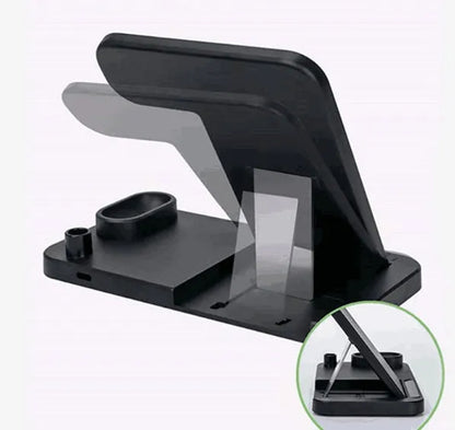4-in-1 wireless charging station with adjustable magnetic stand charging phone, watch, AirPods, and Apple Pencil