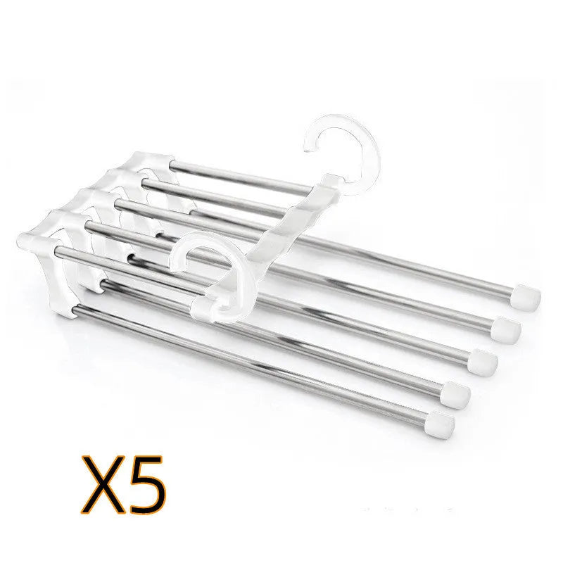 Five-boom stainless steel wardrobe hanger for trousers showing both level and vertical hanging methods