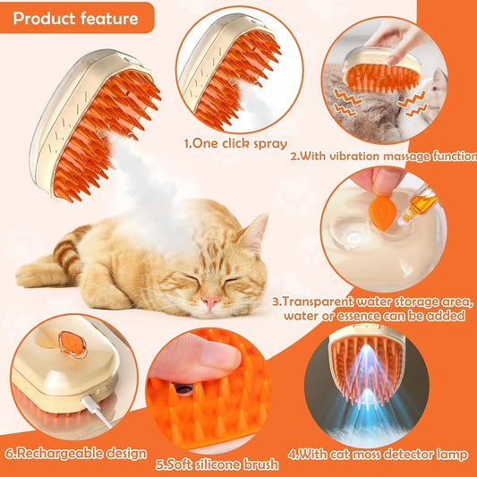 Yellow cat steam brush with silicone teeth, water spray, and ringworm detector lamp for pet grooming