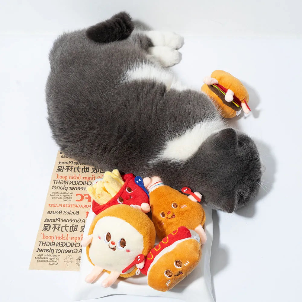 Soft kitten teething chew toy in food-themed hamburger chicken leg bread fries or hot dog design