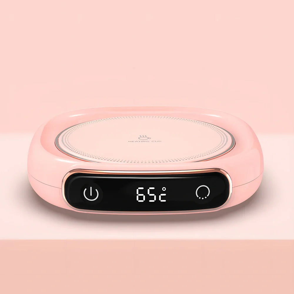 Desktop digital display warming pad with white plated collage surface showing temperature status