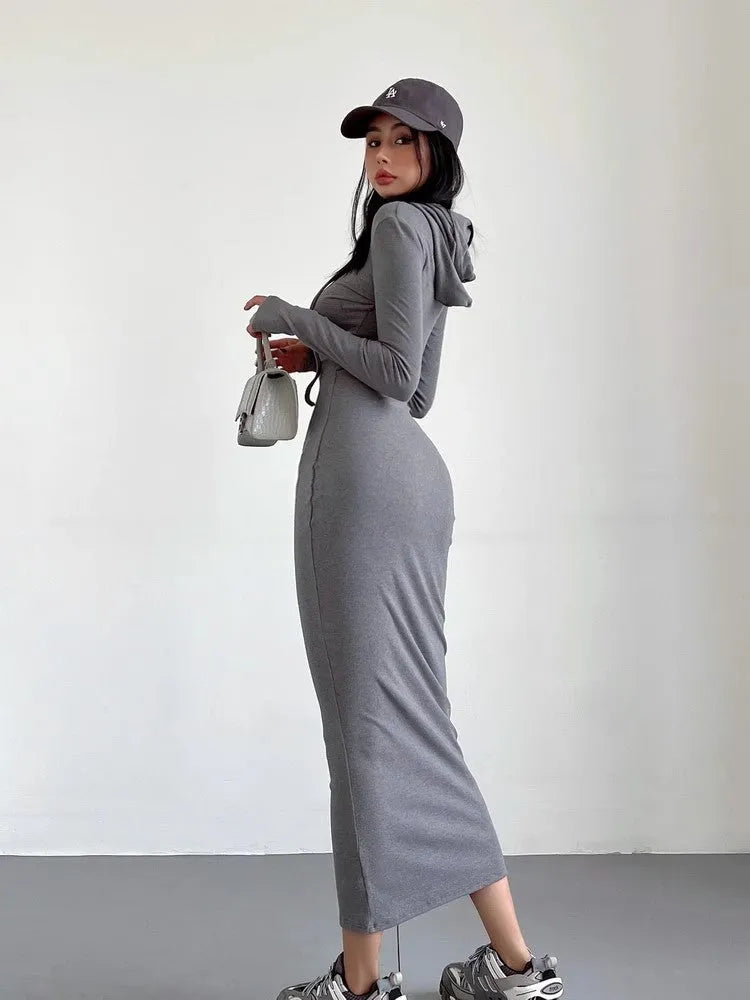 Women's sheath over-the-knee dress with hood and long sleeves in polyester, available in multiple colours