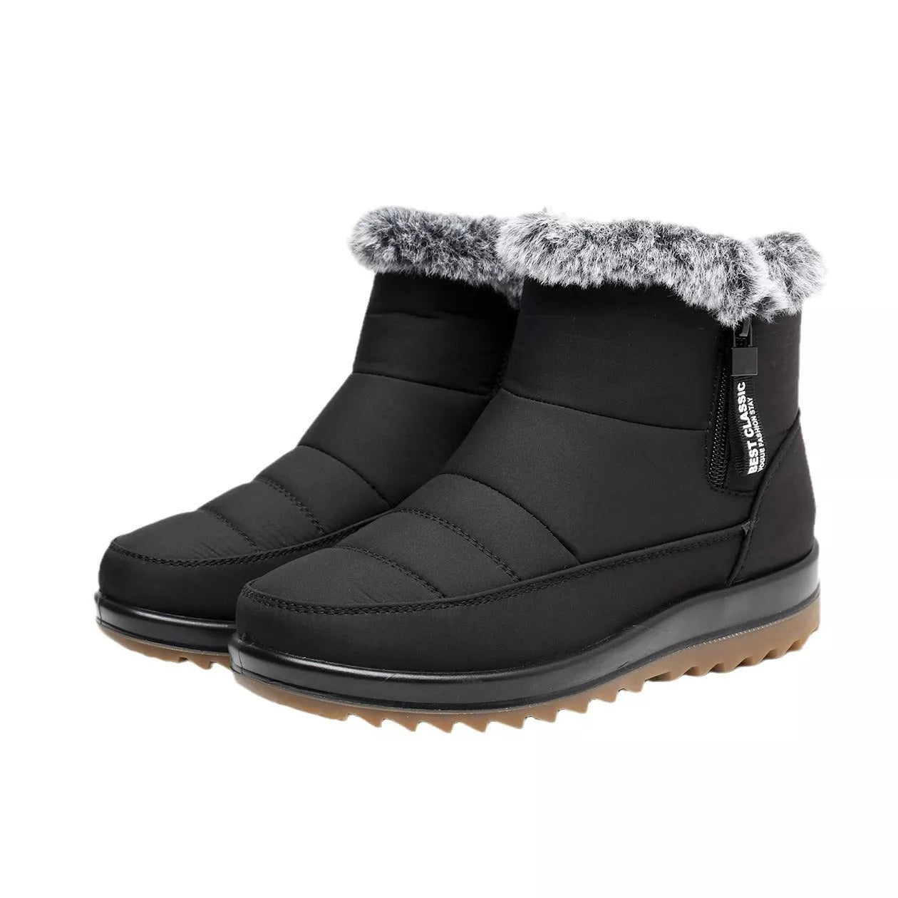 Women's winter snow boots with side zipper and fleece lining in black, dark brown, and red