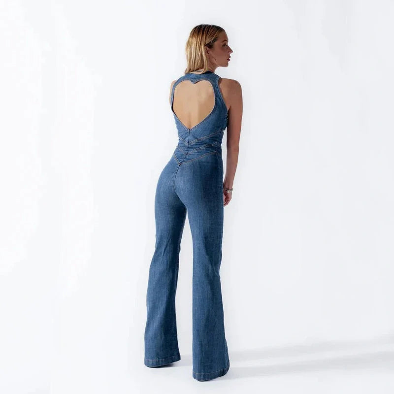 Women's summer slim heart-shape backless denim jumpsuit with halter neck in blue, red, and white