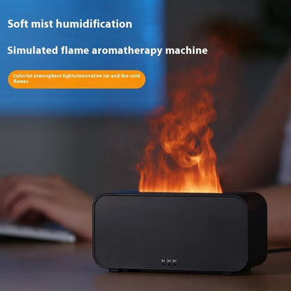 Black and white USB aromatherapy diffuser showing flame simulation and humidifier mist.