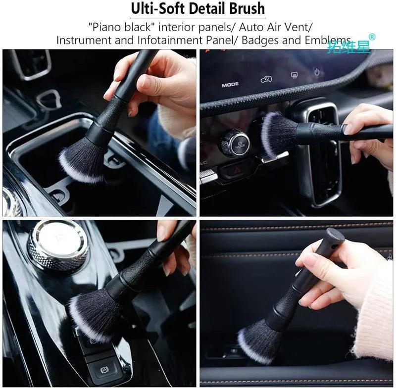 Car detailing brush crafted from soft pig hair bristles and PP plastic handle available in 24cm and 16cm sizes black interior brush for auto cleaning dash vents and crevices.