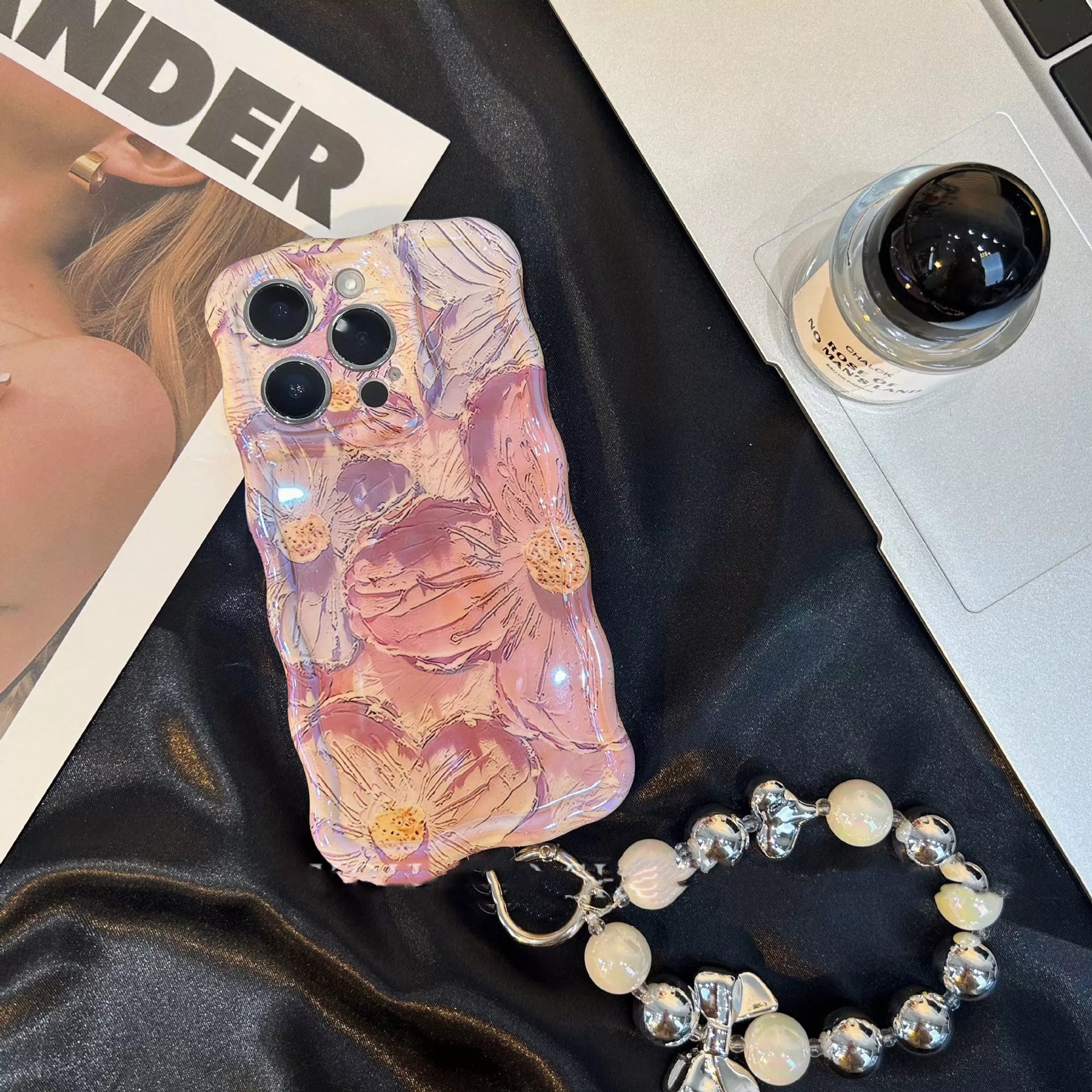 Retro oil painting shockproof silicone iPhone case in blue and pink colors