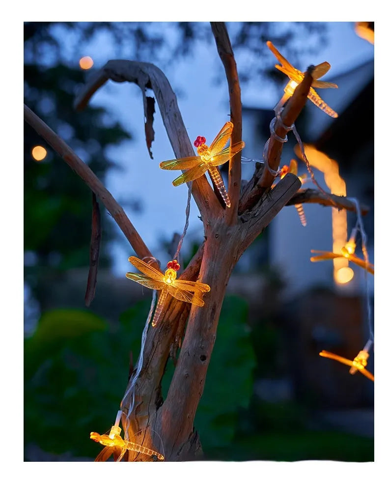 Solar butterfly dragonfly string lights in garden with IP65 protection, multiple lengths and warm or colour light options