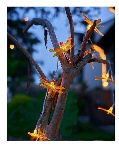 Solar butterfly dragonfly string lights in garden with IP65 protection, multiple lengths and warm or colour light options