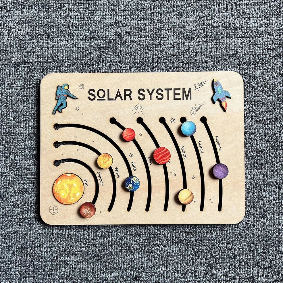 Children's wooden solar system puzzle, 20x15cm assembled, laser-cut pieces in colour box packaging
