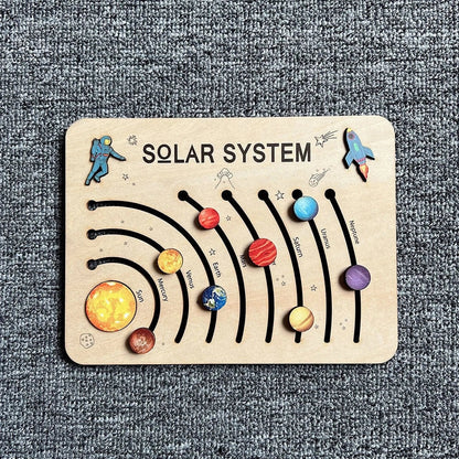 Children's wooden solar system puzzle, 20x15cm assembled, laser-cut pieces in colour box packaging