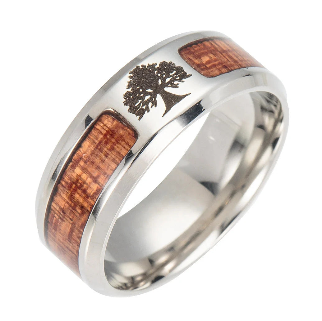 Handcrafted stainless steel Celtic Tree of Life wedding ring with wood inset